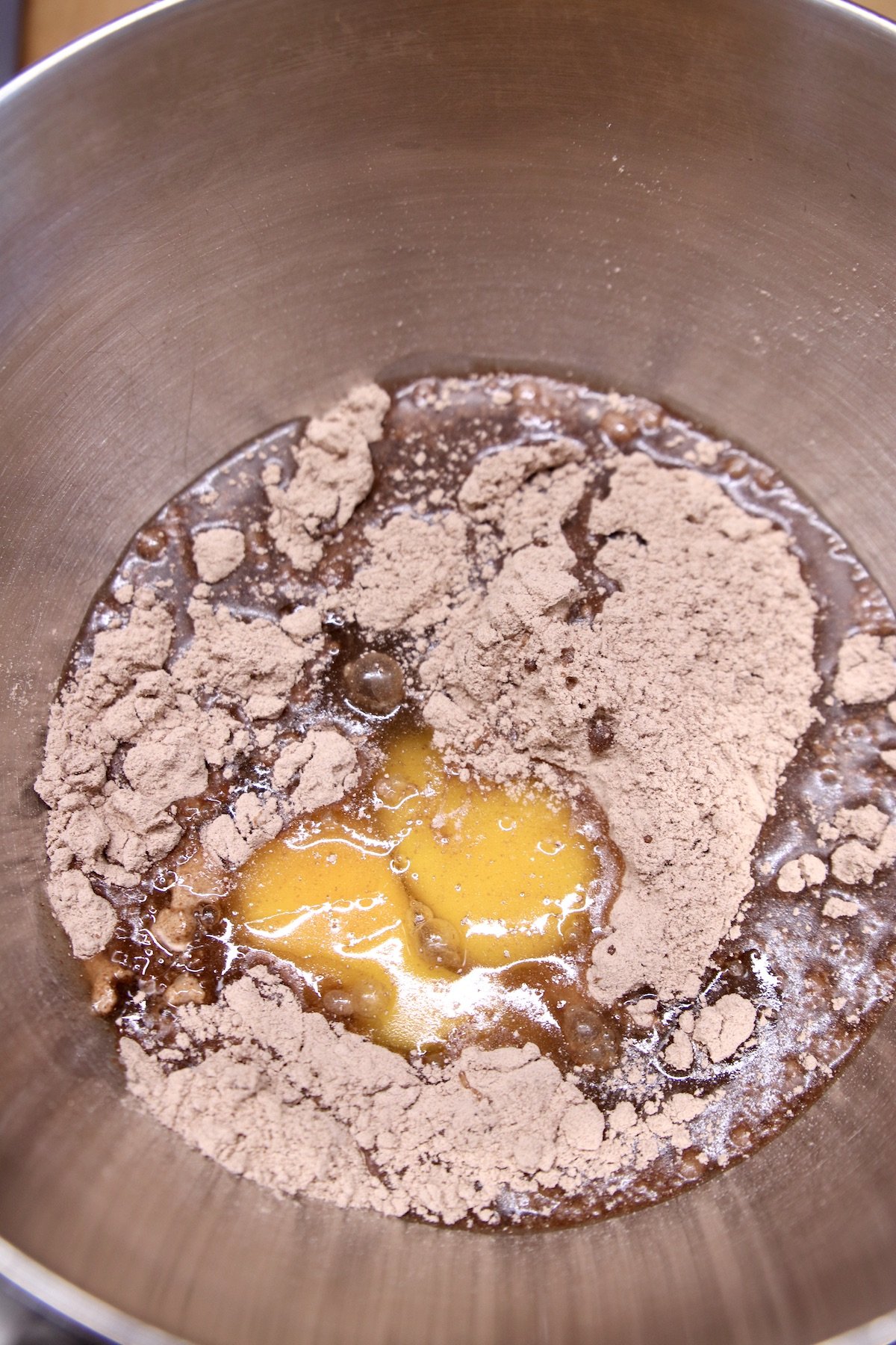 cake mix with eggs and oil in a bowl