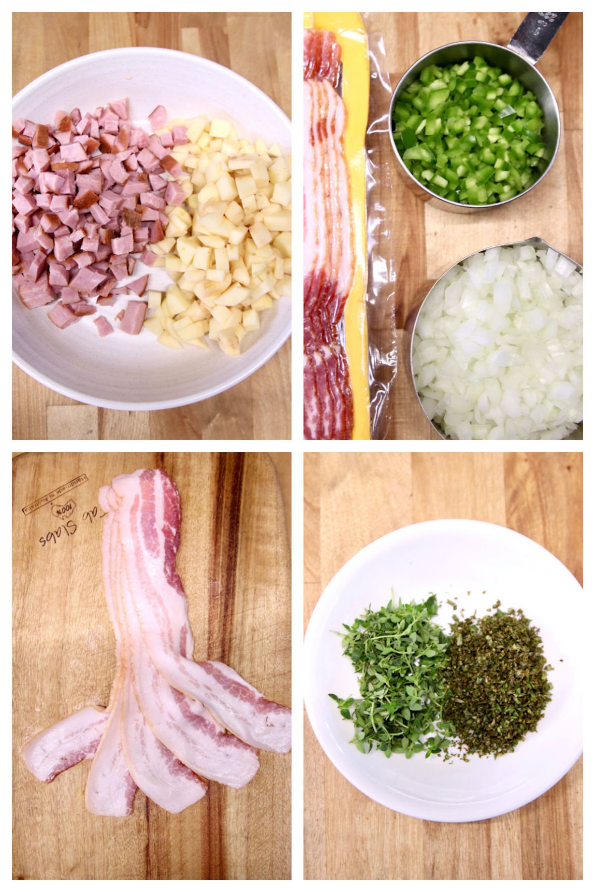 collage of ingredients for ham and cheese soup