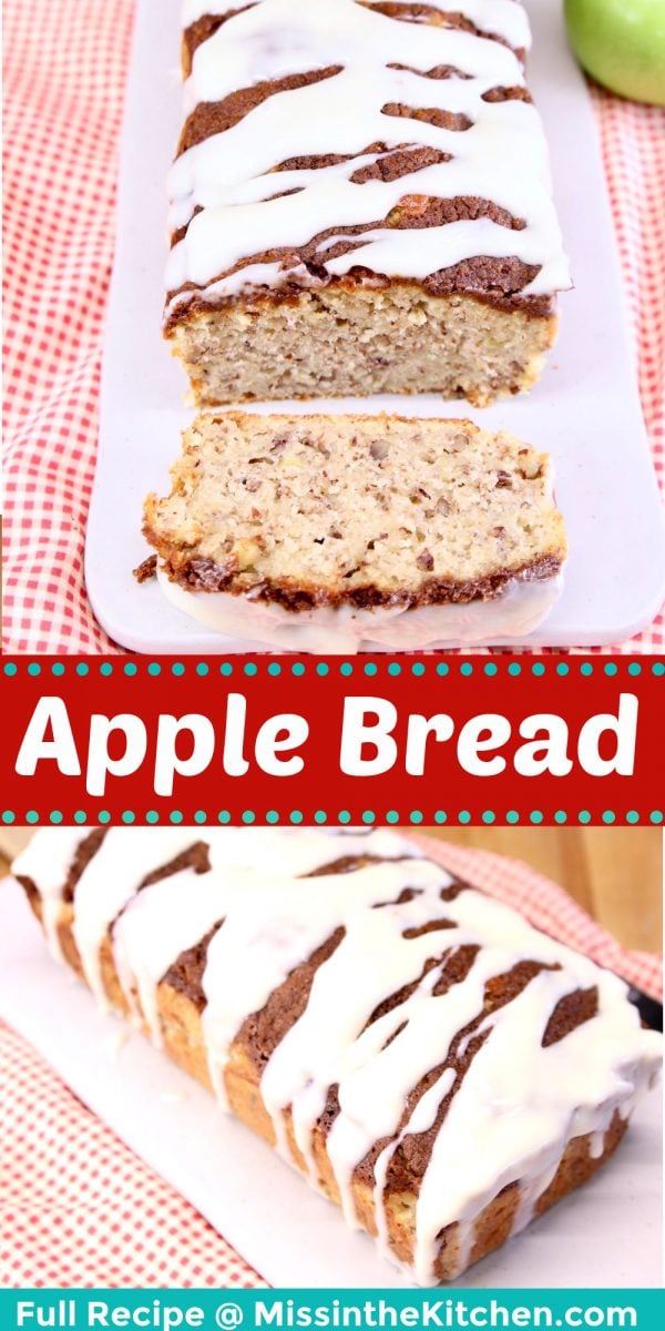 apple bread collage: on serving board, sliced/unsliced loaf