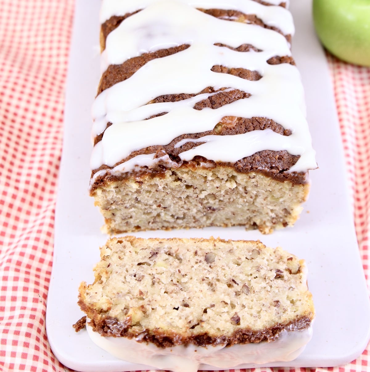 apple bread, one slice in front of loar