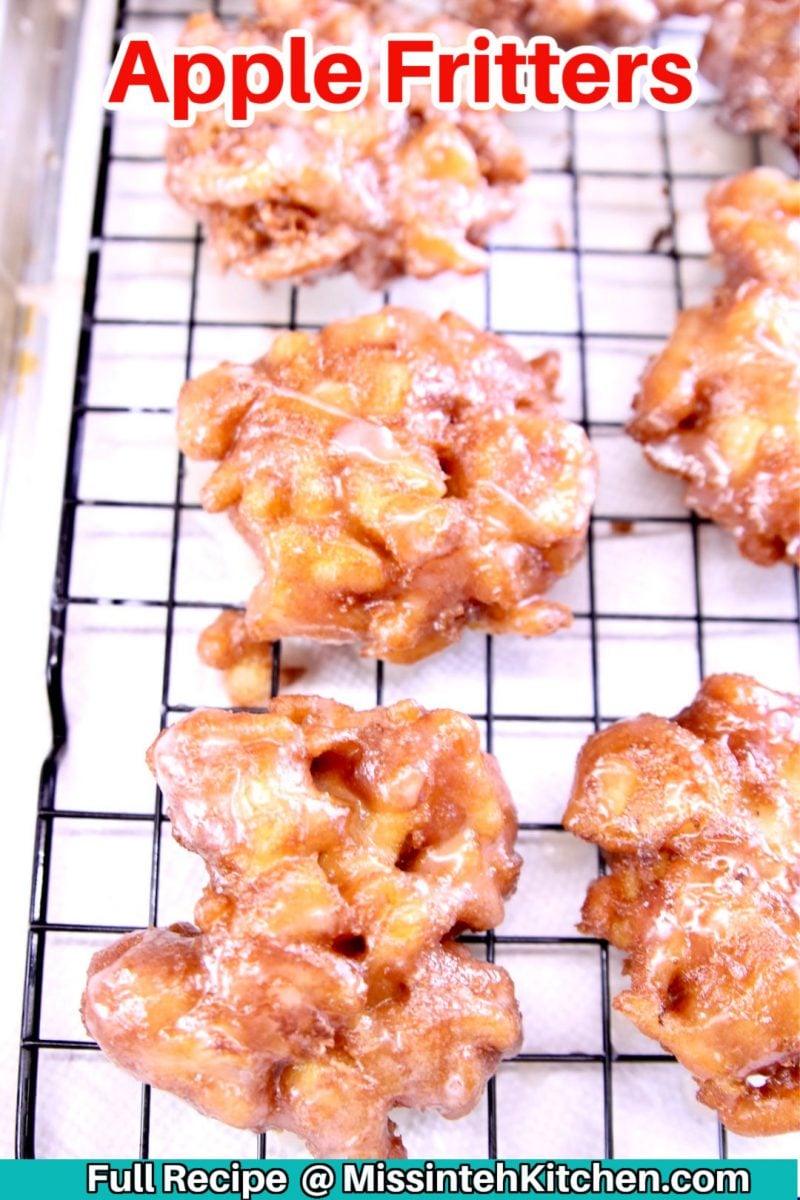 Apple Fritters on a wire rack - text overlay