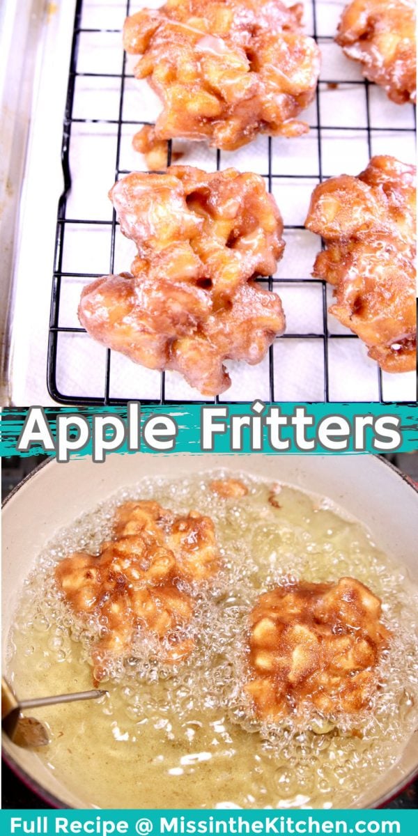 collage of apple fritters: glazed on a wire rack/frying in a pan