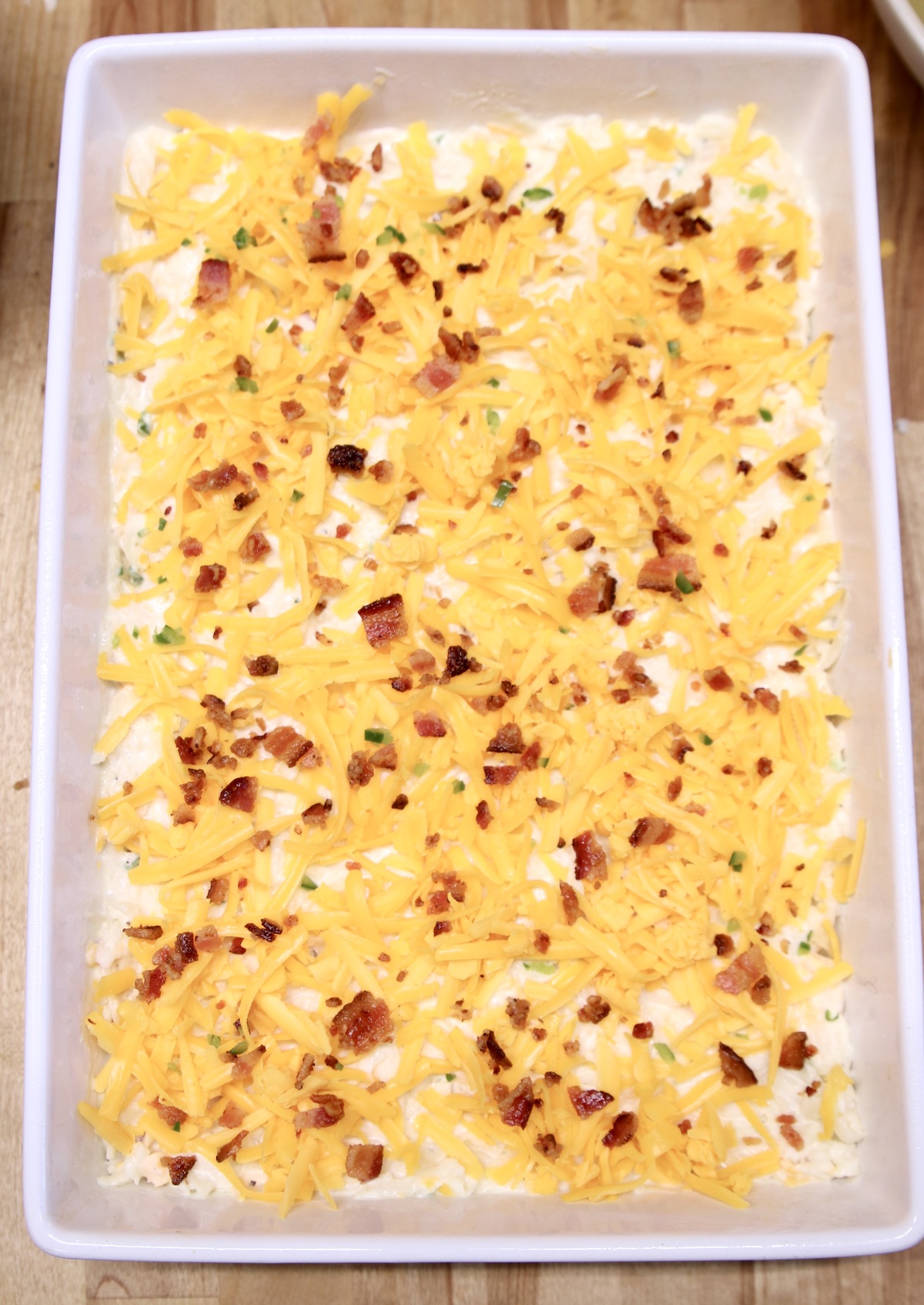 hashbrown casserole with cheese and bacon - ready to bake