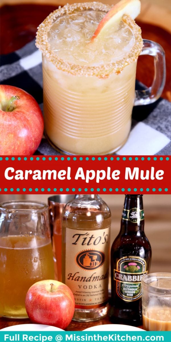 caramel apple mule cocktail collage: in glass/ ingredients