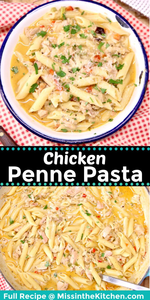 chicken penne pasta collage: bowl/skillet with spoon