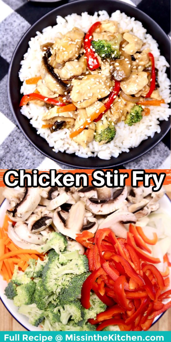 collage chicken stir fry: served with rice / closeup of vegetables