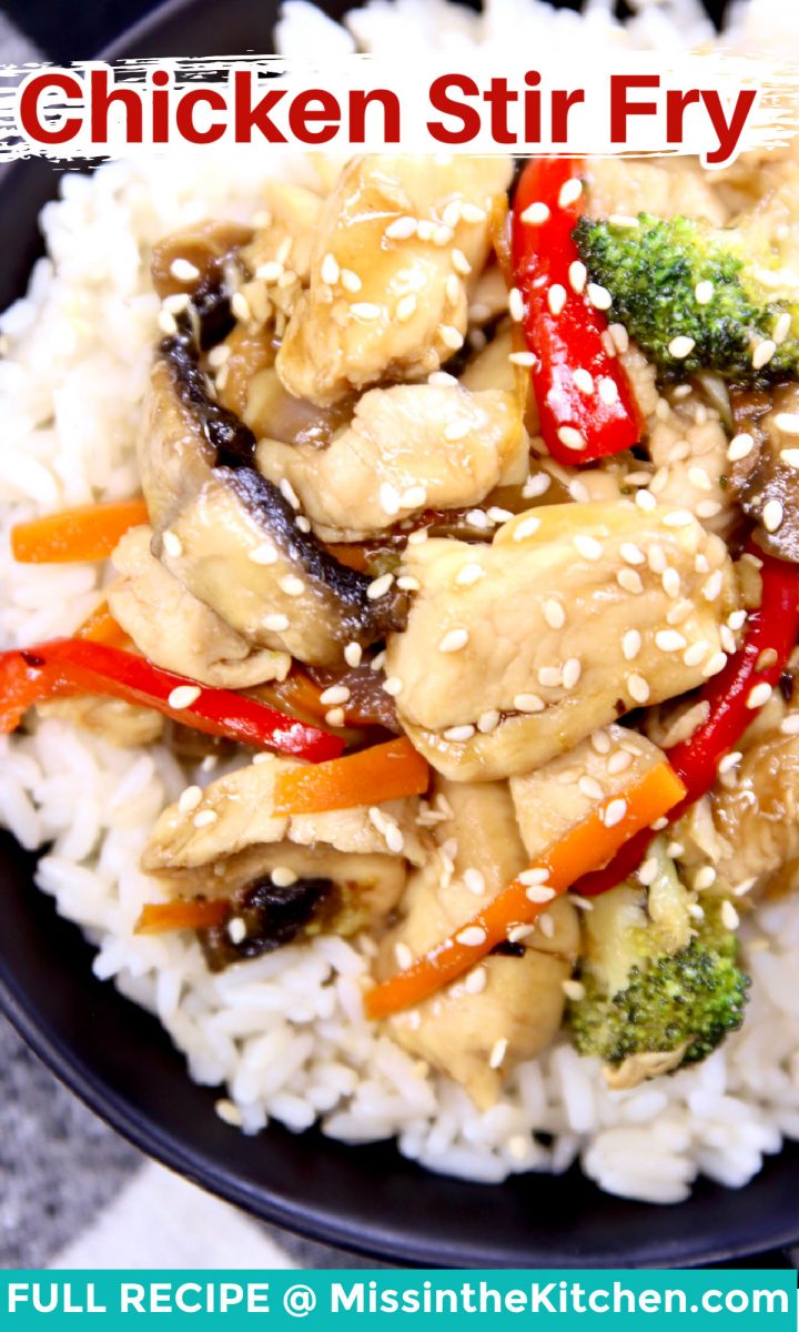 chicken stir fry closeup of bowl, served over rice