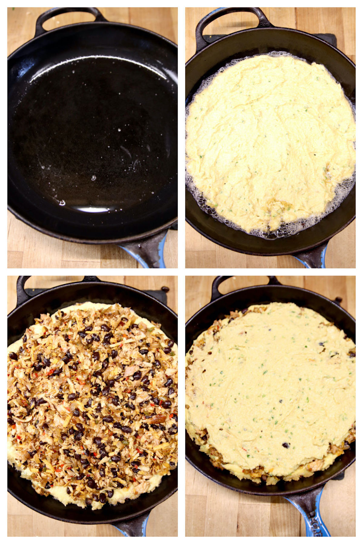 layering Mexican chicken cornbread layers in a cast iron skillet