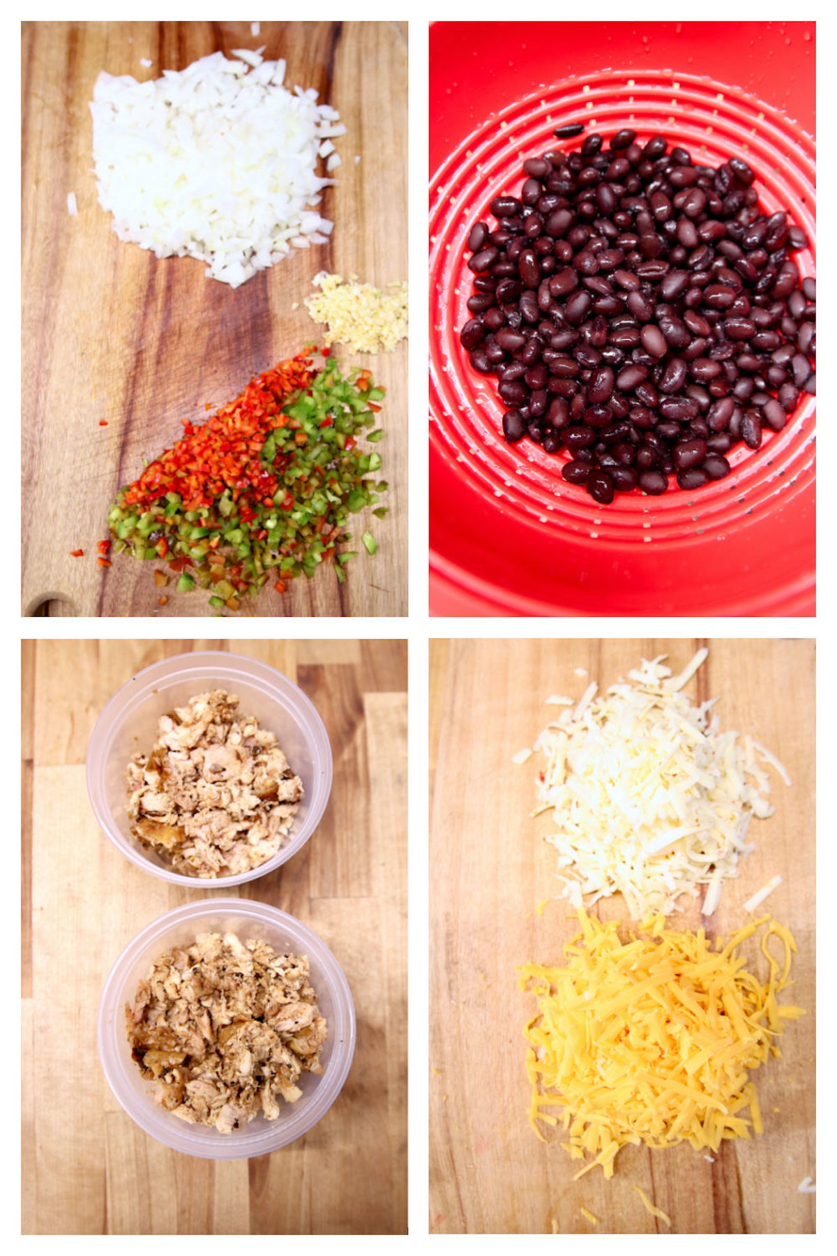 collage of diced peppers, onions garlic, black beans in a colander, diced cooked chicken in 2 bowls, shredded cheese