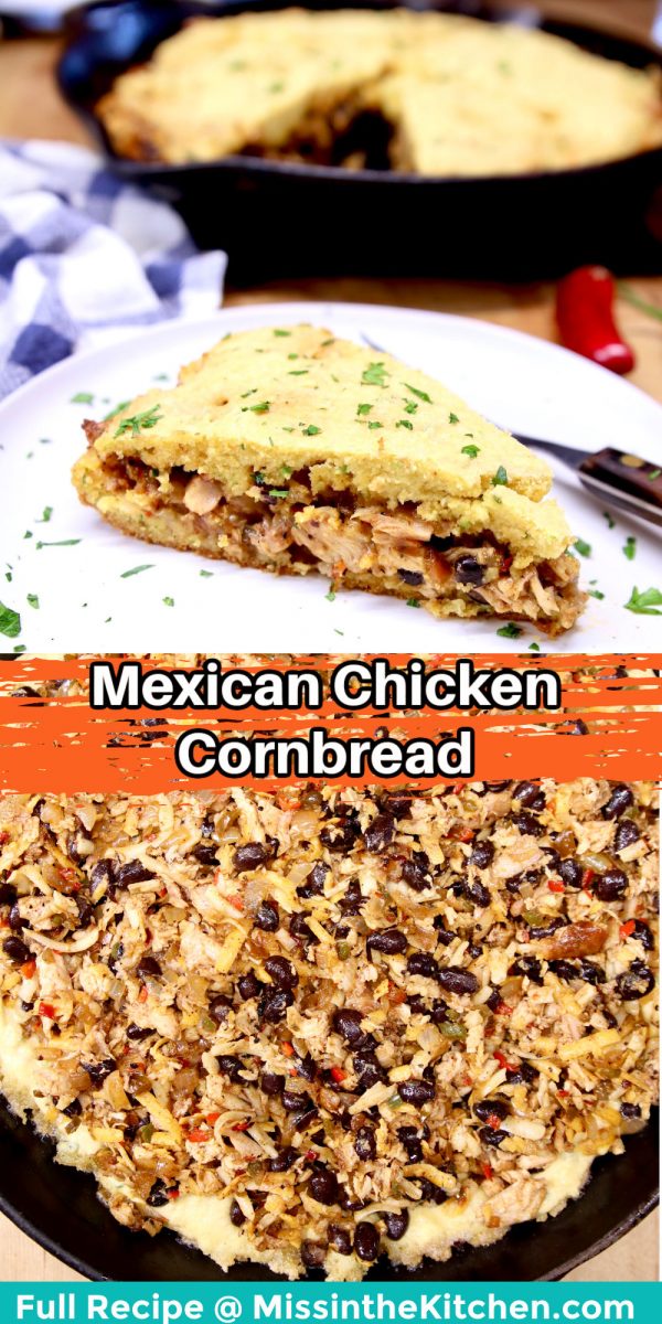 collage: Mexican cornbread - slice on a plate/filling over cornbread layer