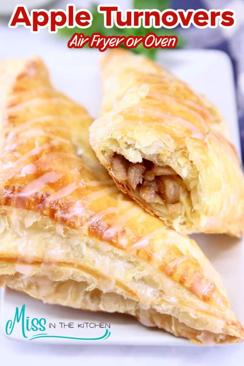 Apple turnovers on a plate- text overlay.