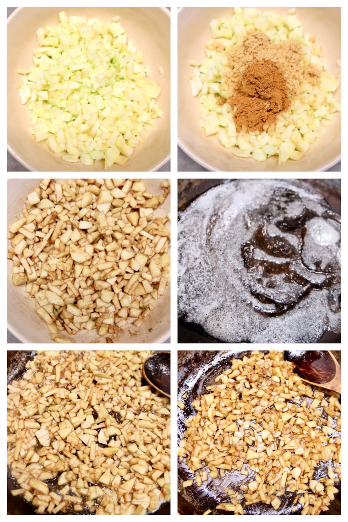collage making diced apple pie filling for turnovers