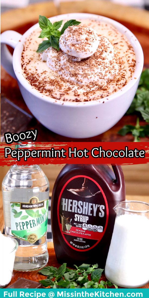 peppermint hot chocolate collage: in a mug/ingredients