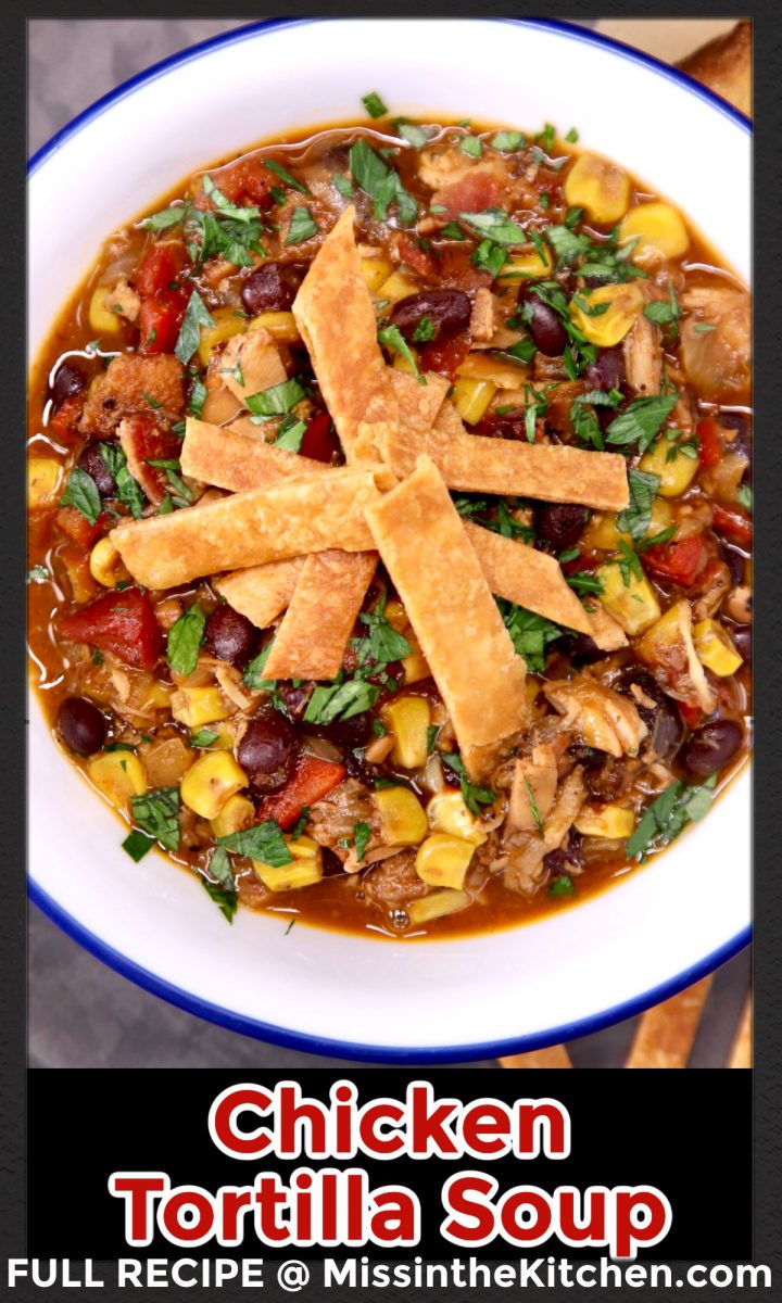 chicken tortilla soup in a bowl - text overlay