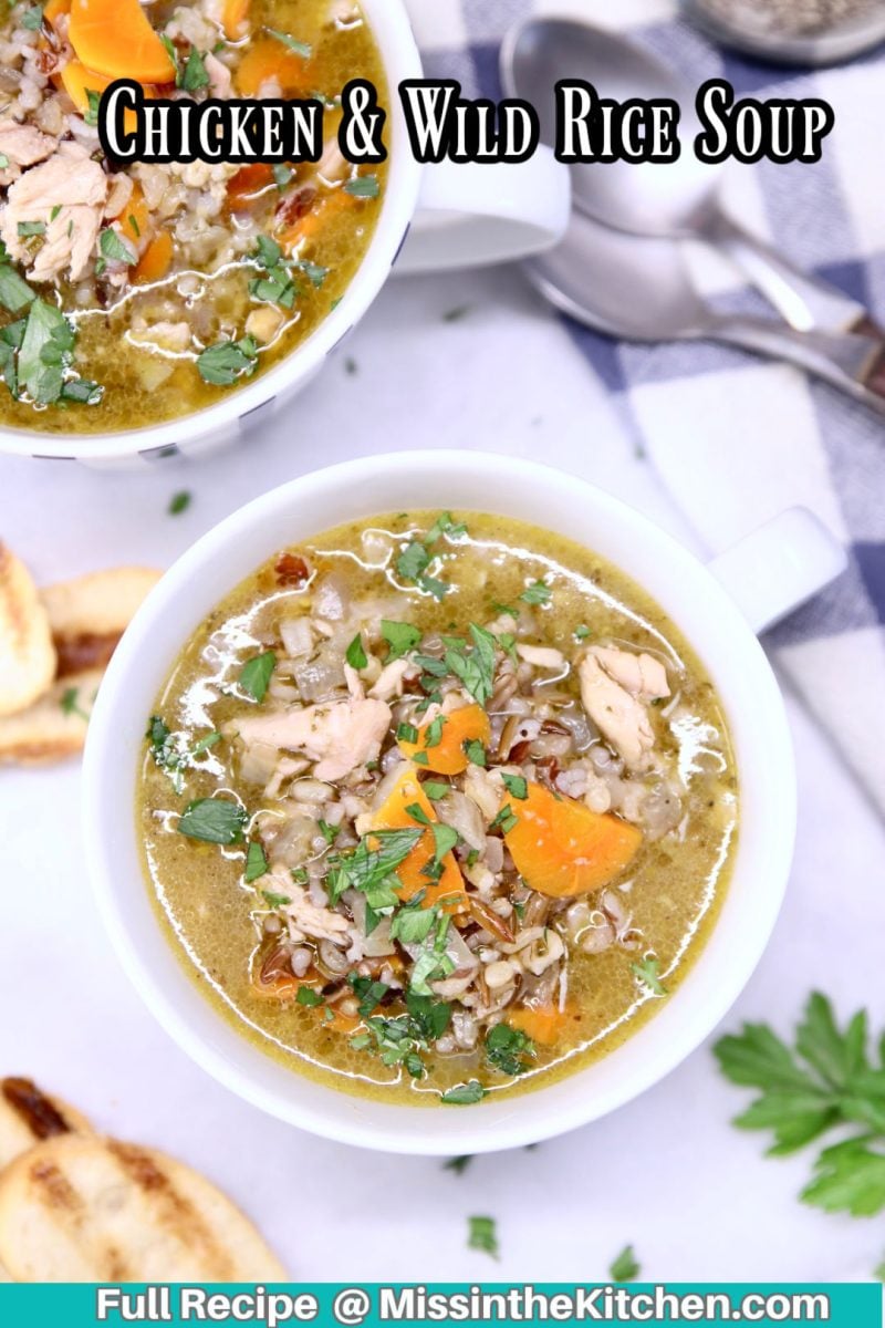 chicken and wild rice soup in a mug - text overlay