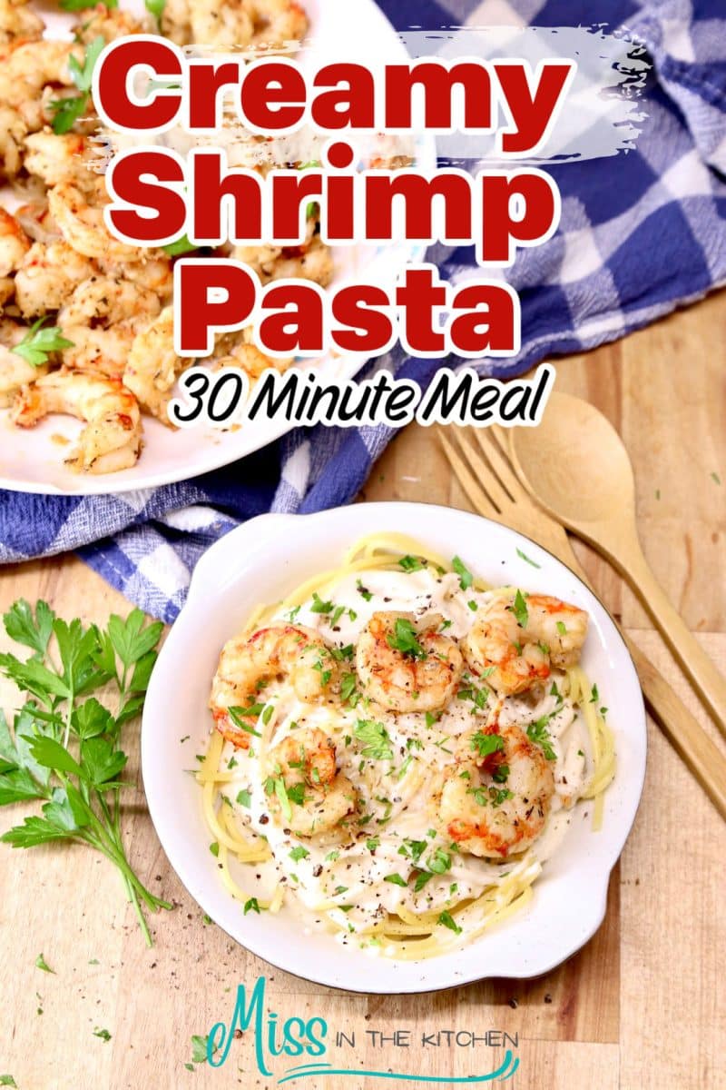 Bowl os shrimp pasta - text overlay.