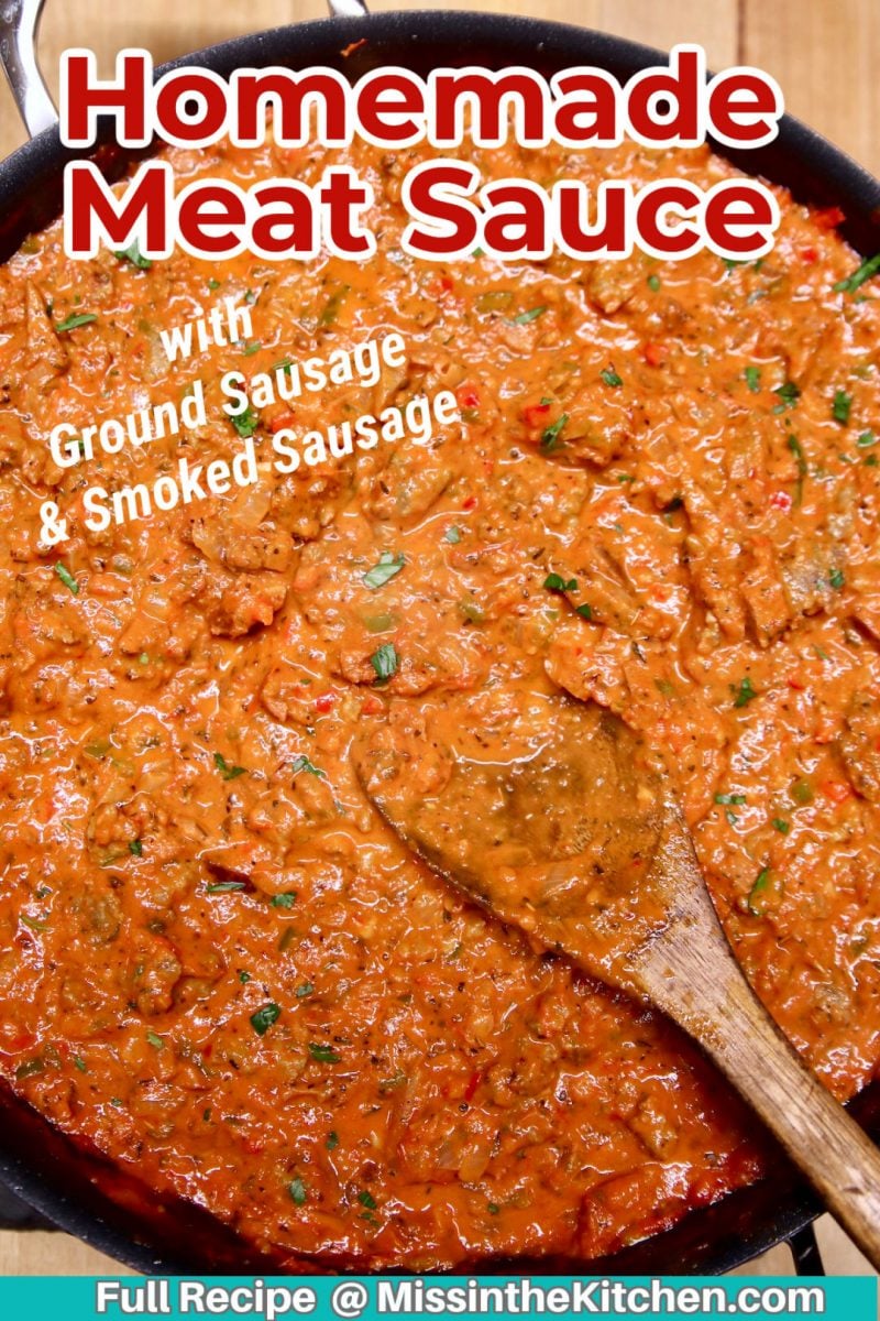 skillet of meat sauce - text overlay