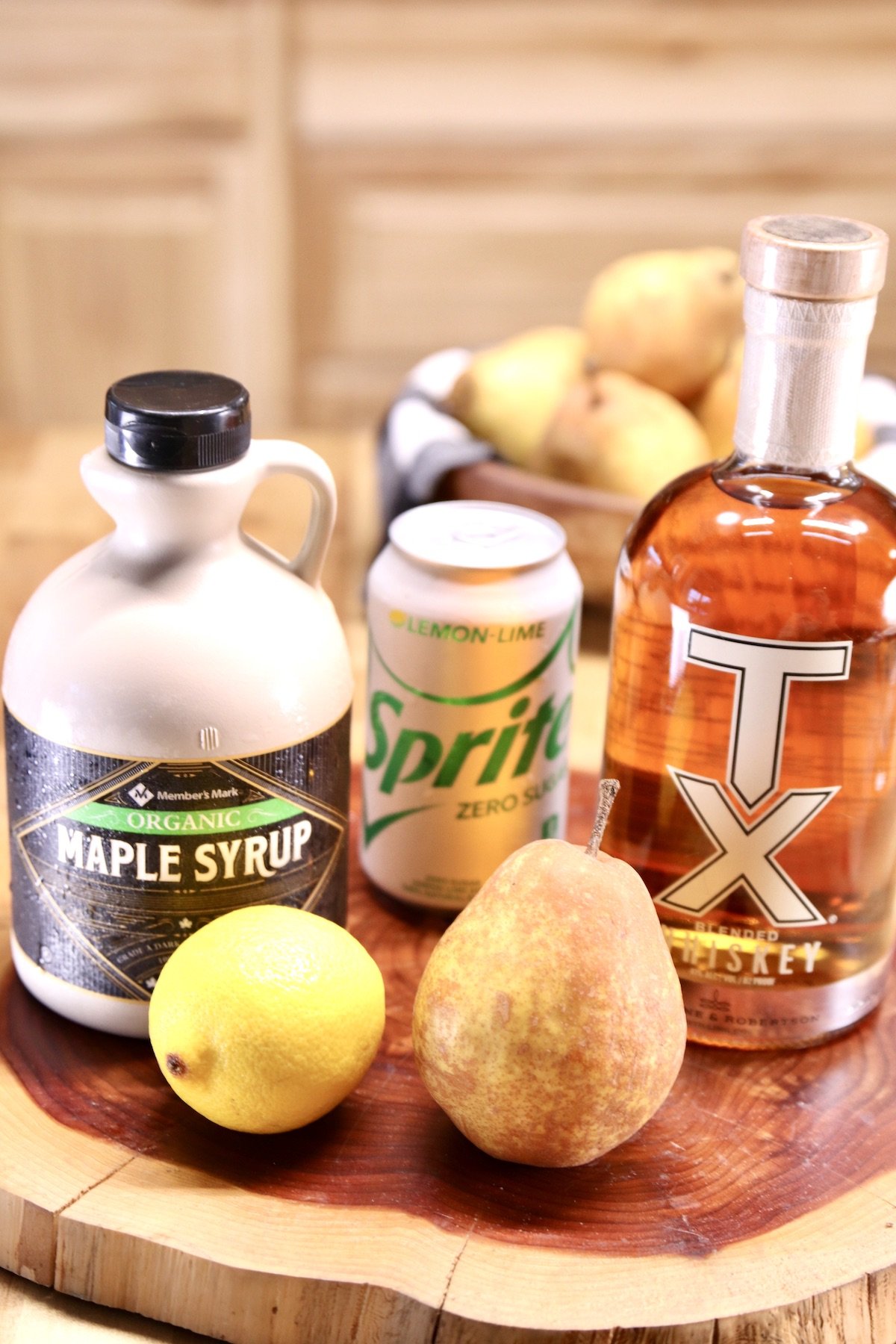 ingredients for pear whiskey smash with TX Whiskey