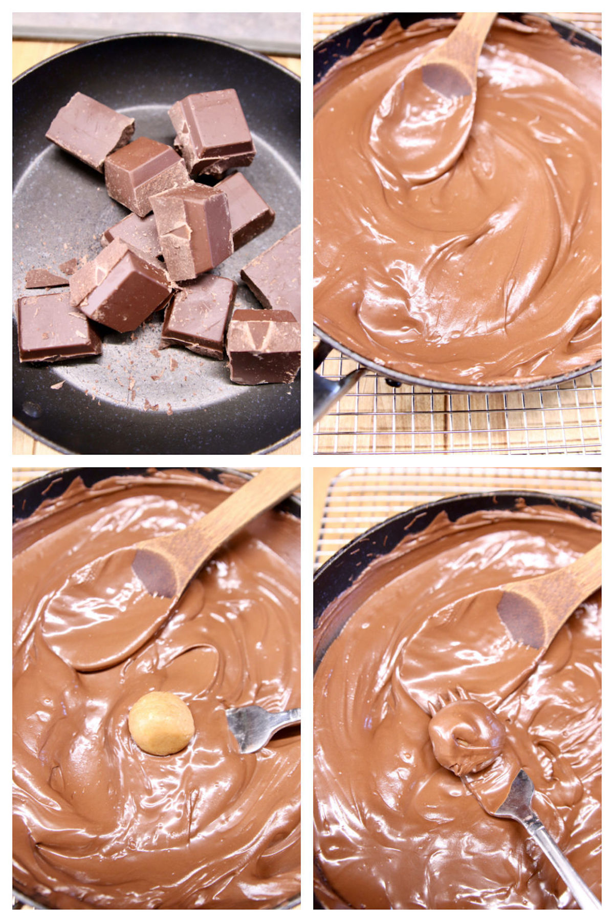 collage melting chocolate almond bark and dipping peanut butter balls