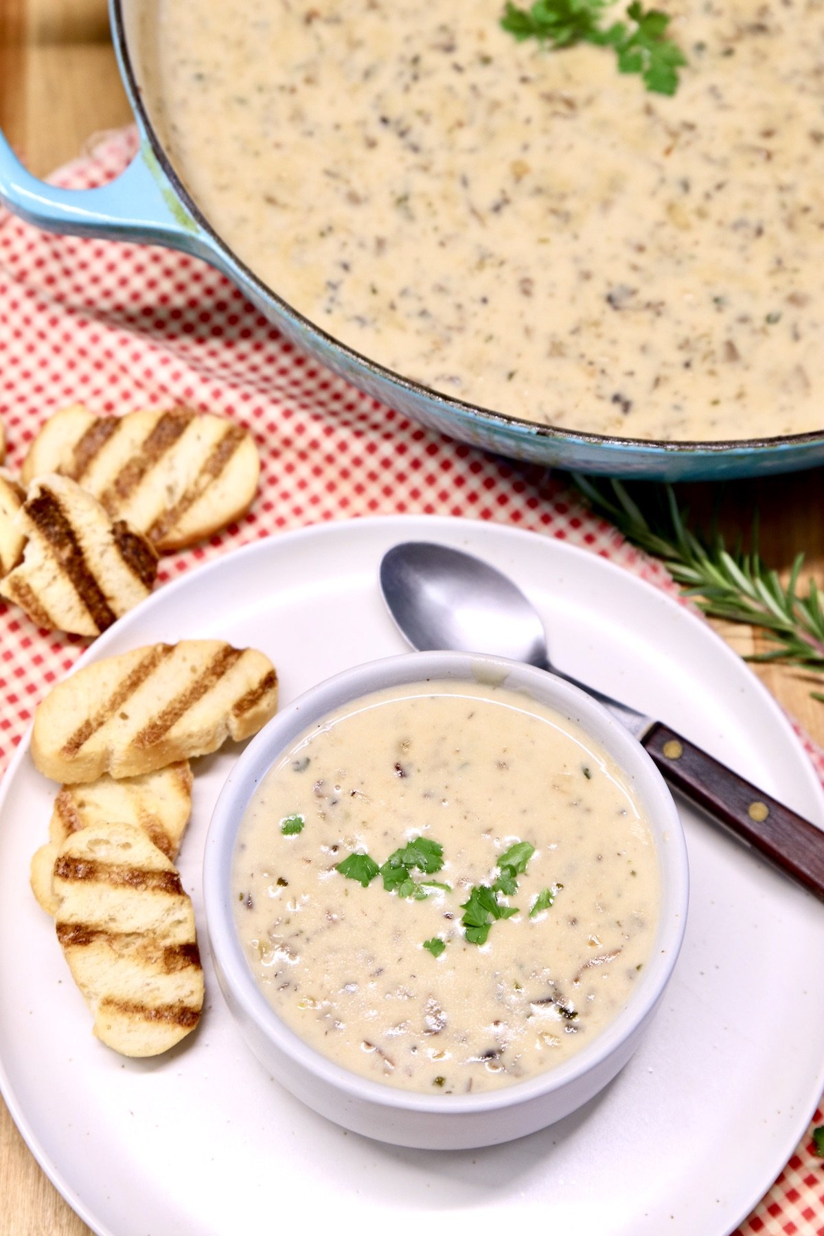 cream of mushroom soup in a bowl on a plate with spoon, toasted bread
