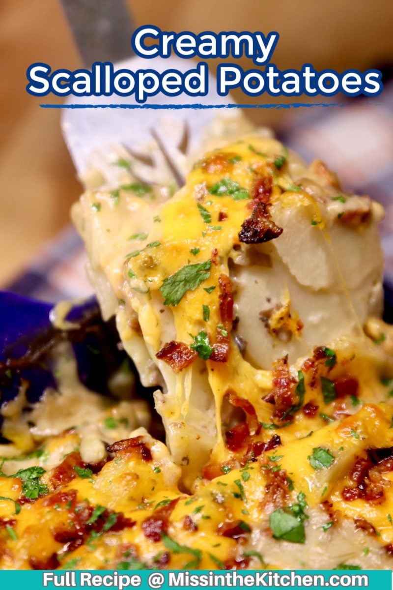 Creamy Scalloped Potatoes - on a spatula with melted cheese pulling