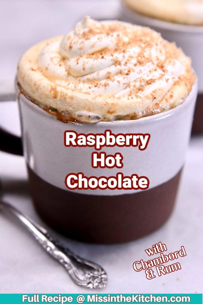 Raspberry Hot Chocolate in a mug with text overlay