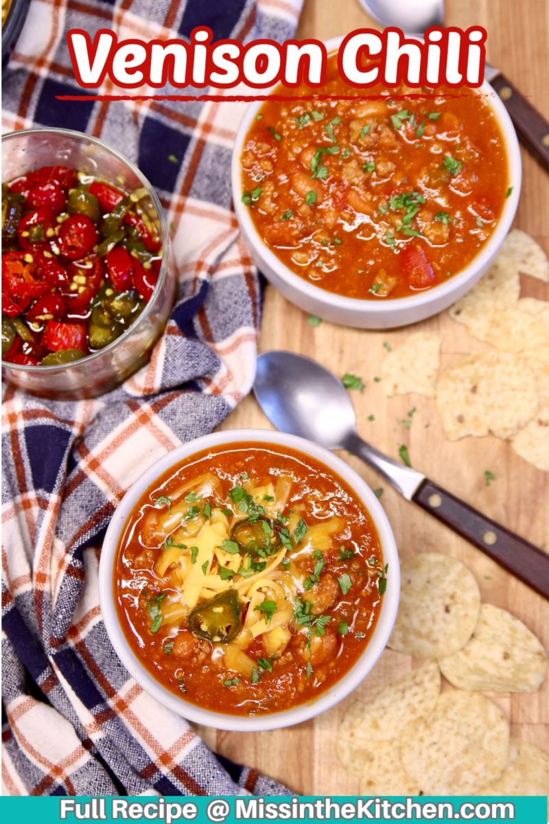 Venison Chili in 2 bowls - text overlay