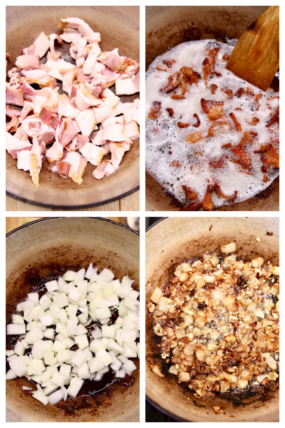 collage cooking bacon pieces and then onions