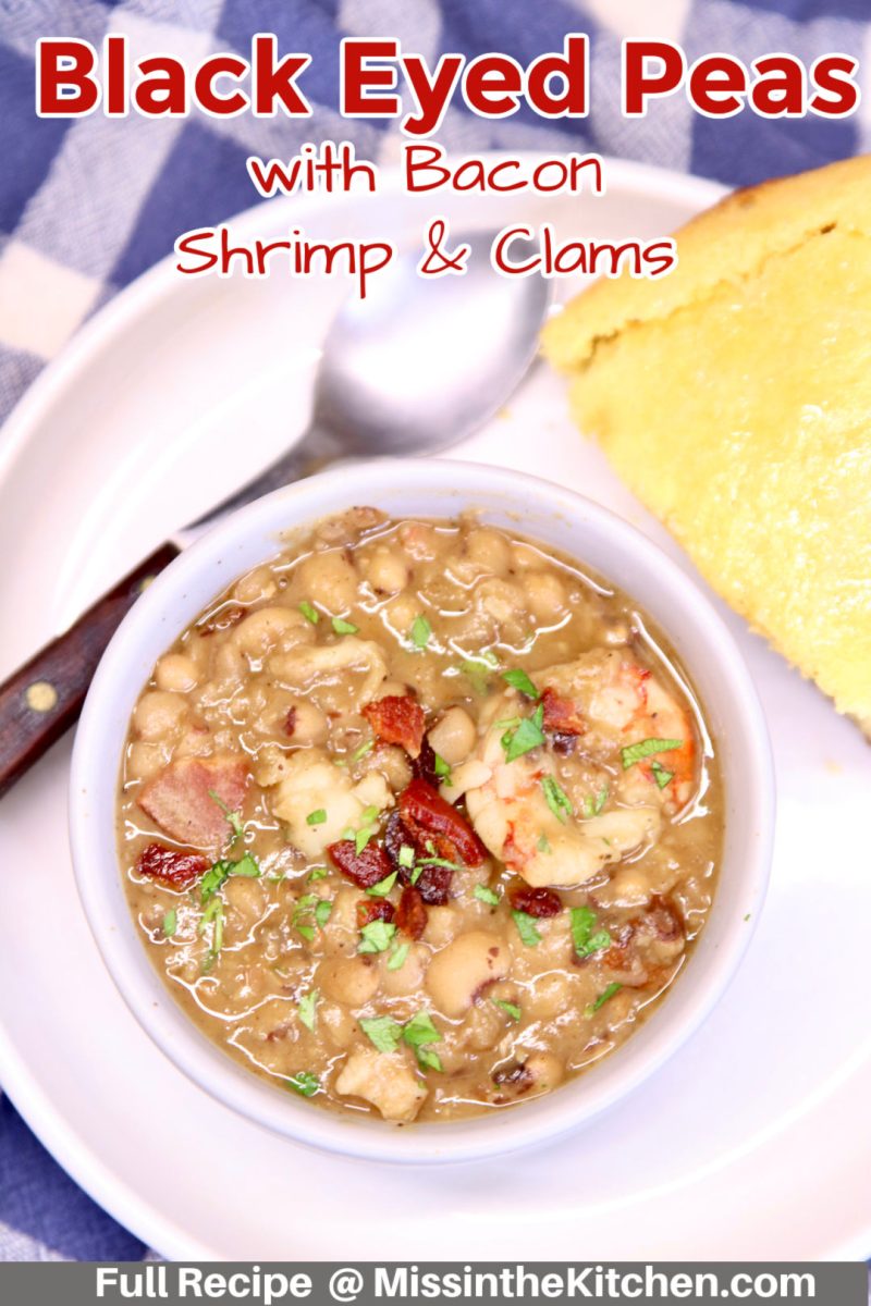 black eyed peas with shrimp and bacon in a bowl - text overlay