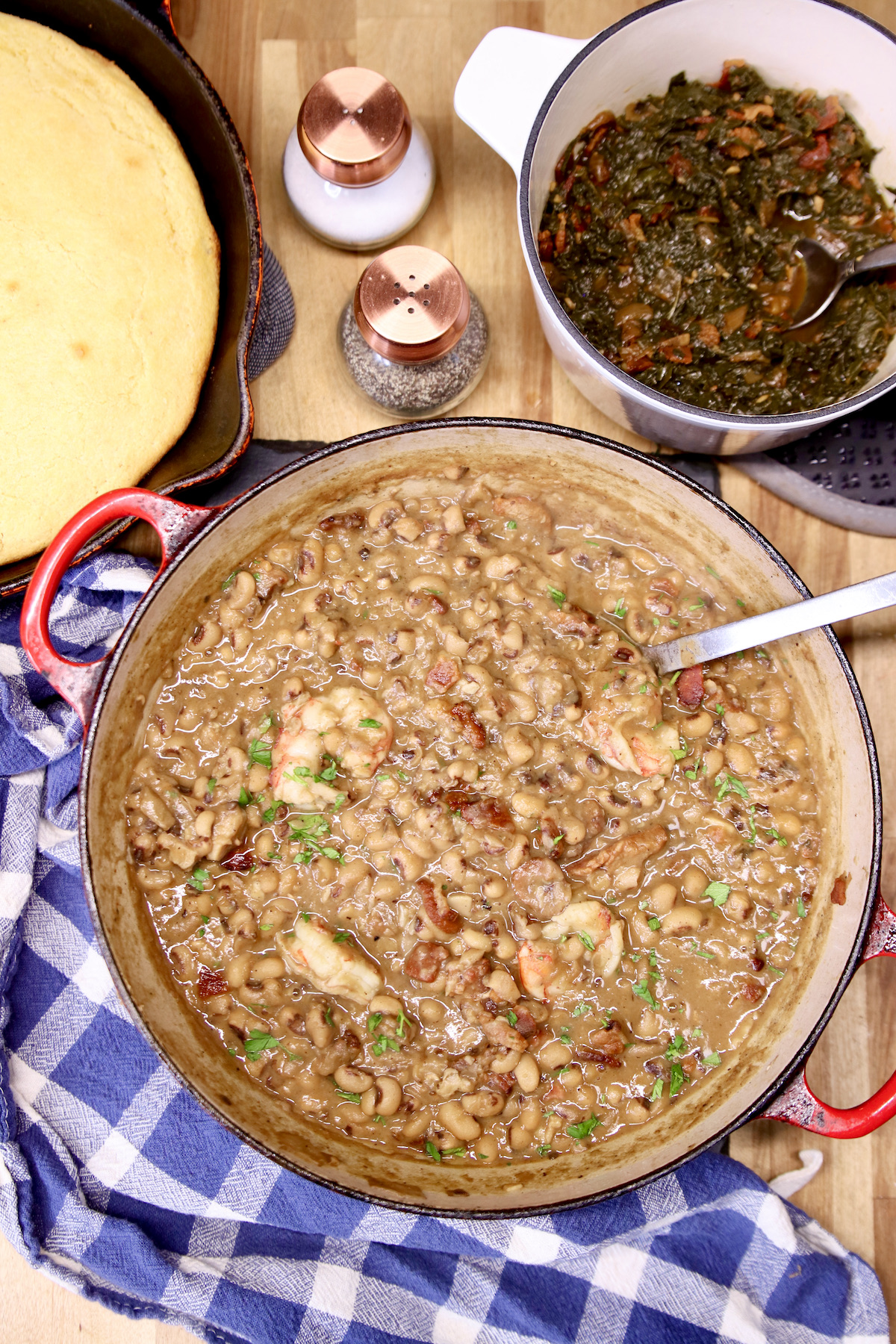 Pan of Black Eyed Peas with shrimp and bacon