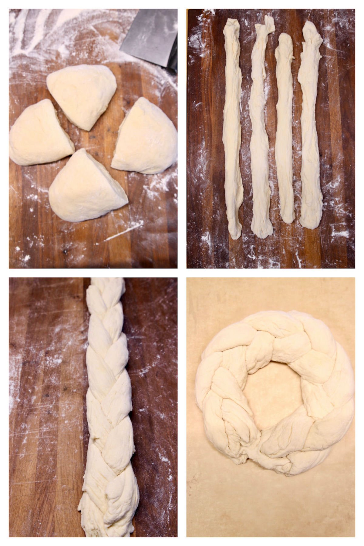 cutting and shaping dough into a braid and wreath
