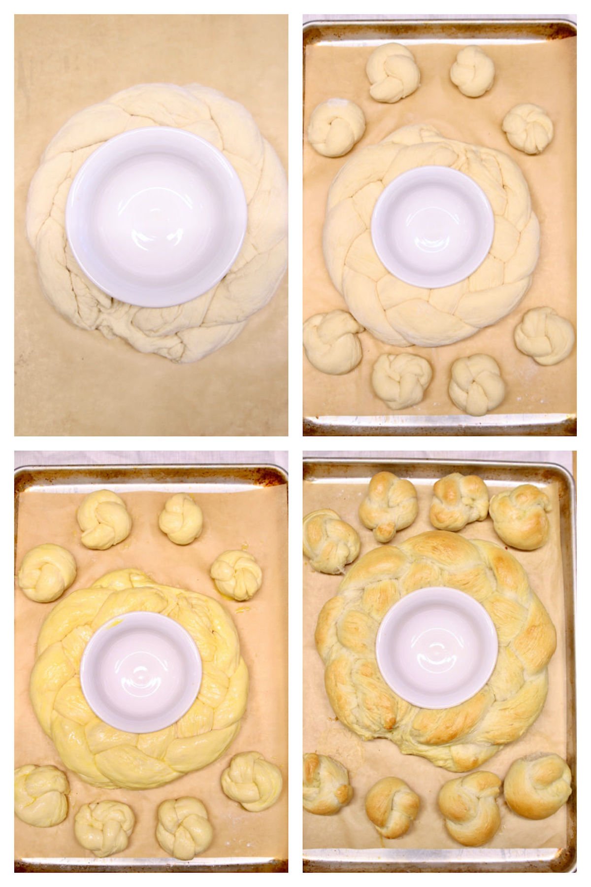 bread wreath dough ~ with bread knots - rising, bakingAdd 3 cups of flour and salt. Use a dough hook or wooden spoon to mix on low until ingredients come together.