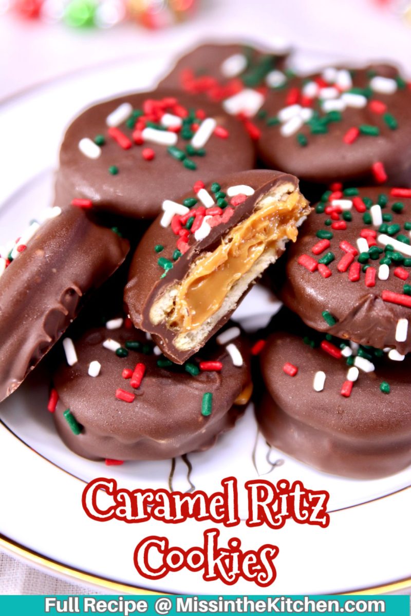 caramel ritz cookies - close up - text overlay