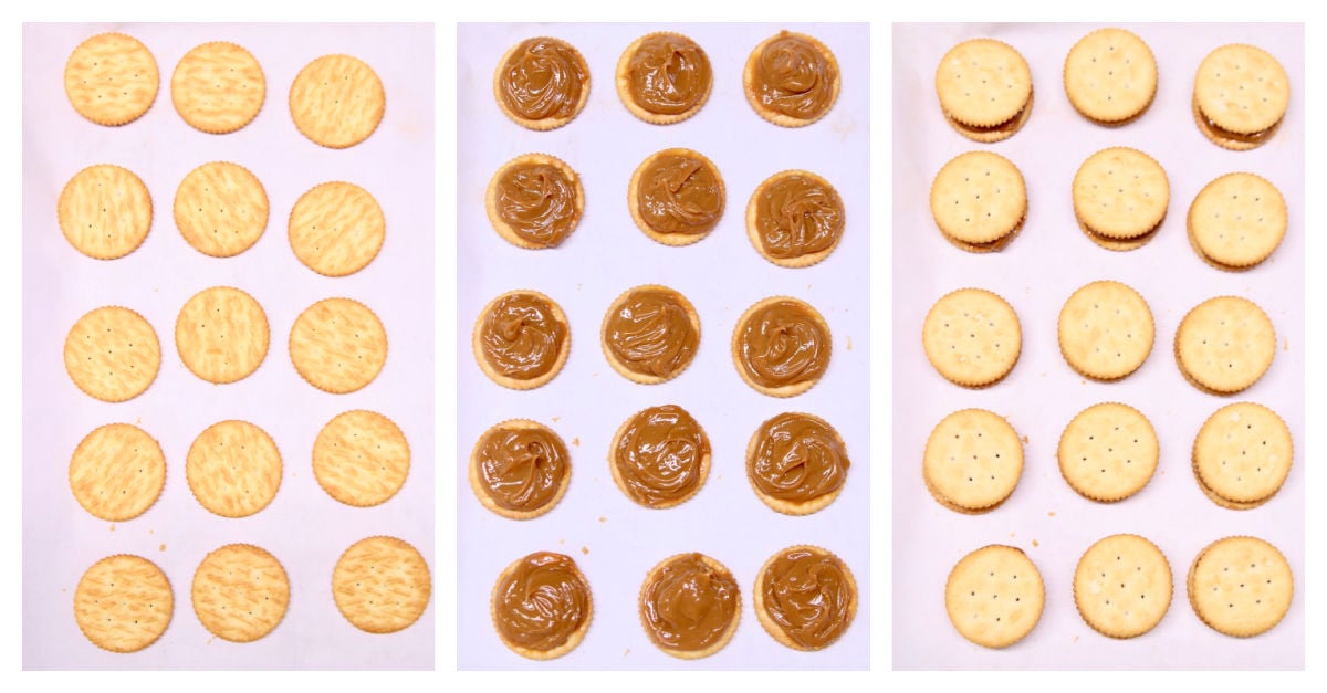 making ritz cookies with caramel filling -collage