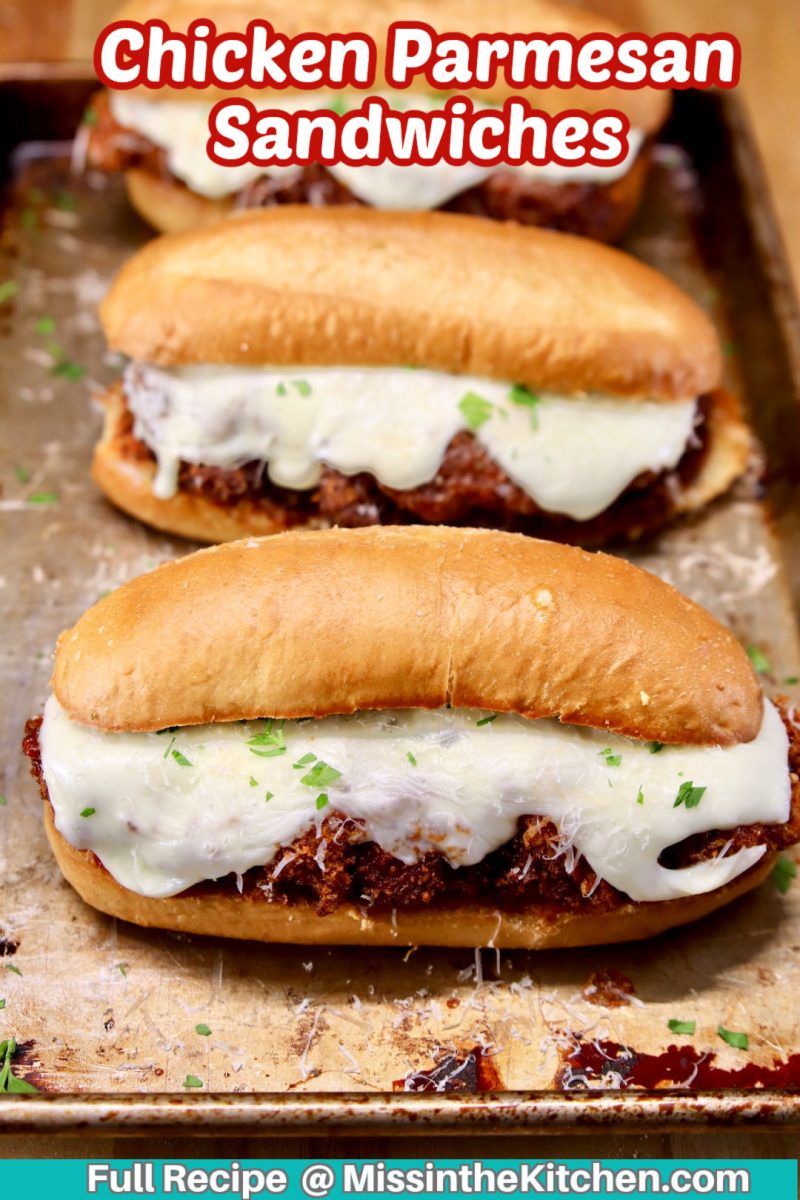 chicken parmesan sandwiches on a sheet pan - text overlay