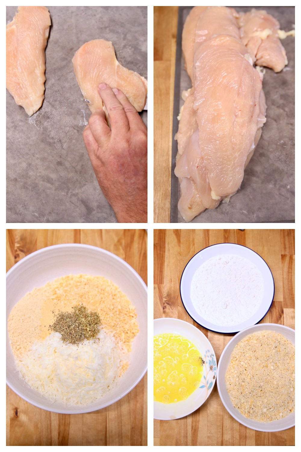 cutting chicken into cutlets - making breading for chicken parmesan