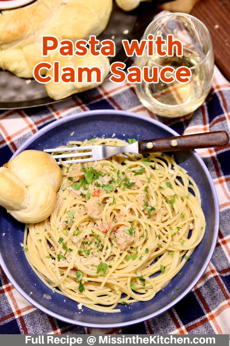 pasta with clam sauce -text overlay