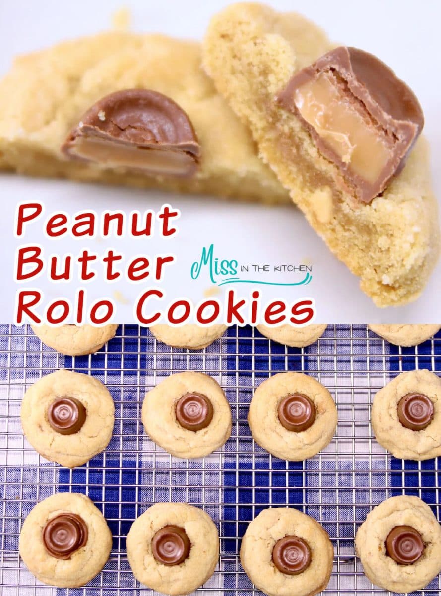 Collage of peanut butter rolo cookies - cut in half / wire rack.