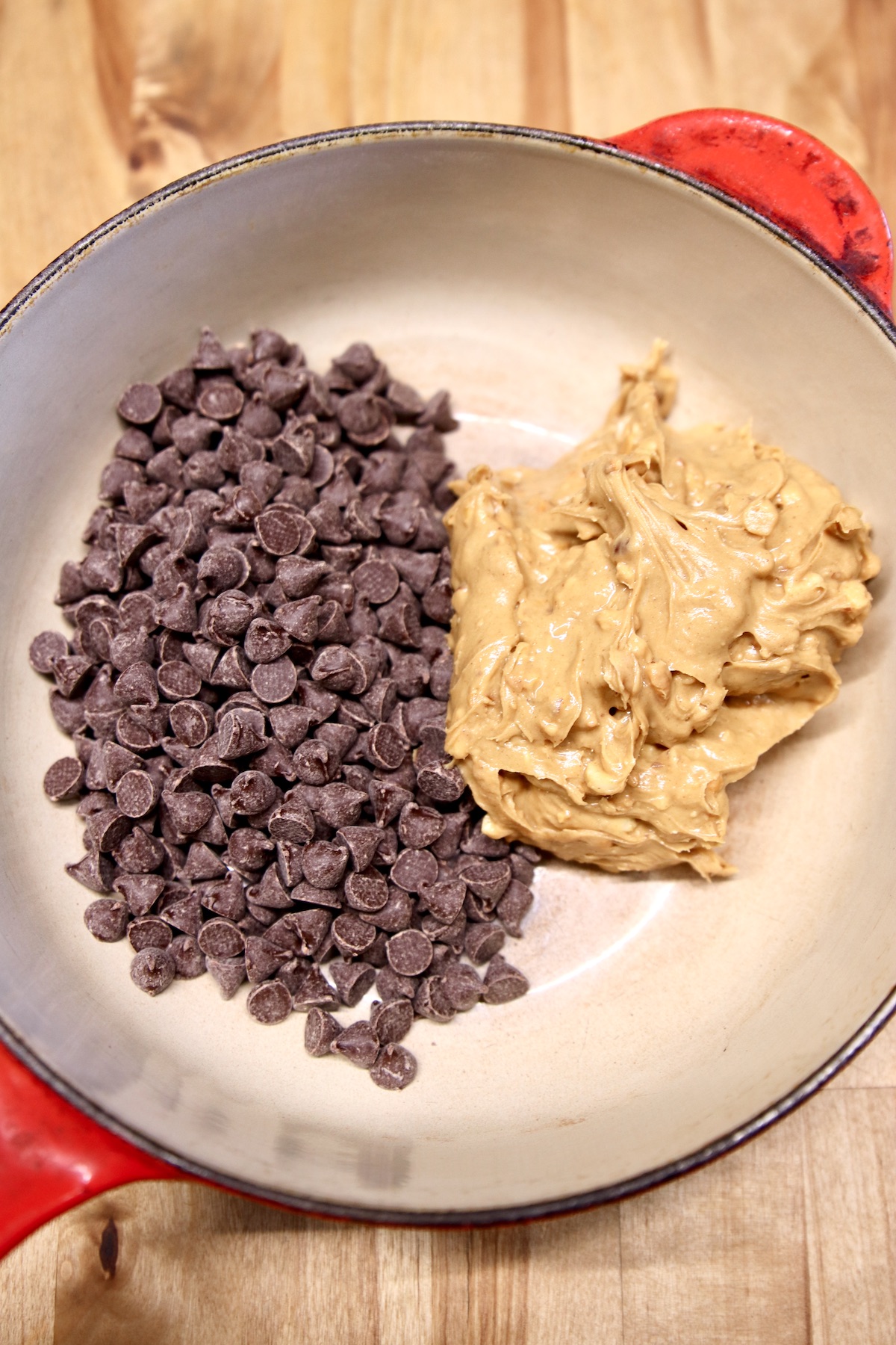 chocolate chips and peanut butter in a pan