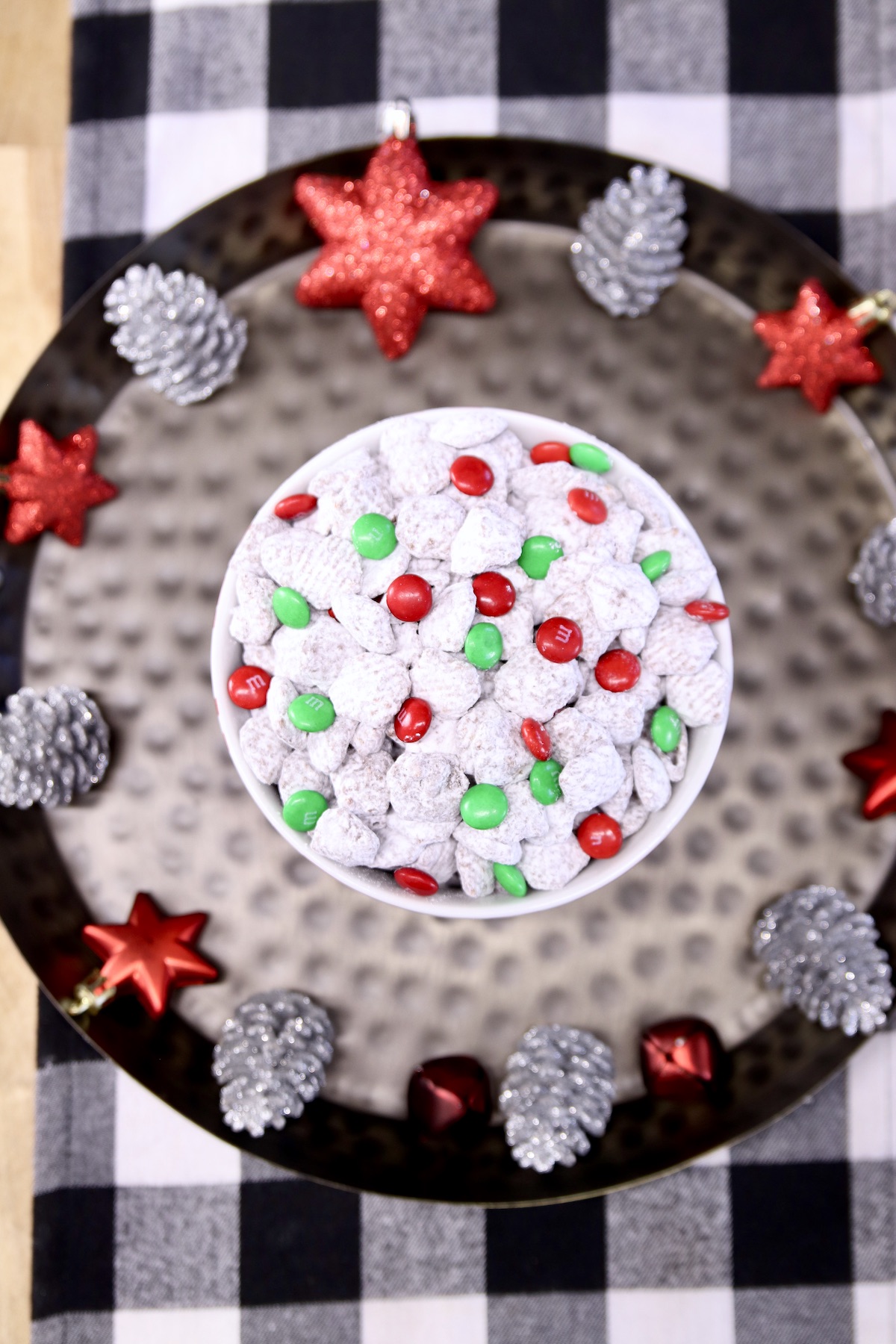 Tray with Christmas ornaments and Reindeer Chow