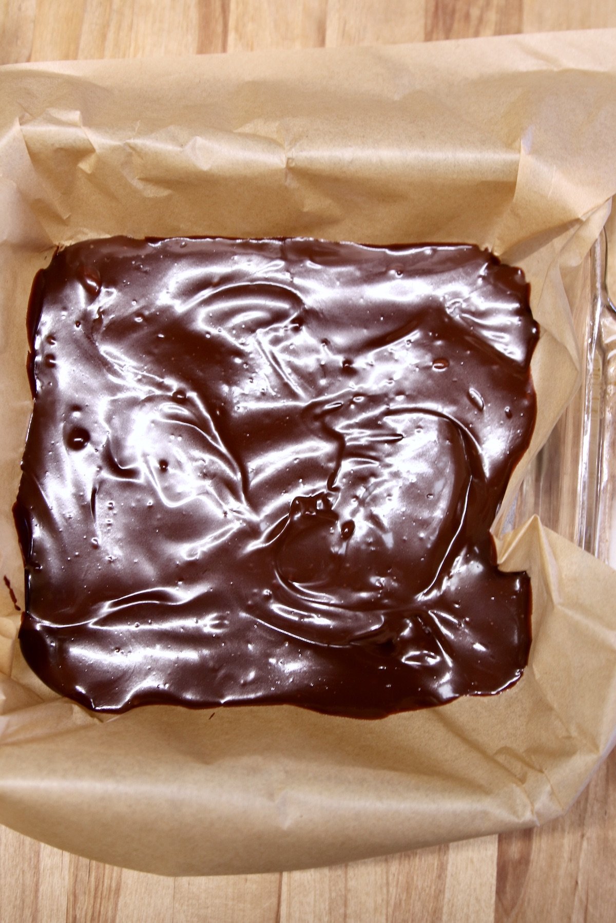 chocolate fudge in parchment lined dish