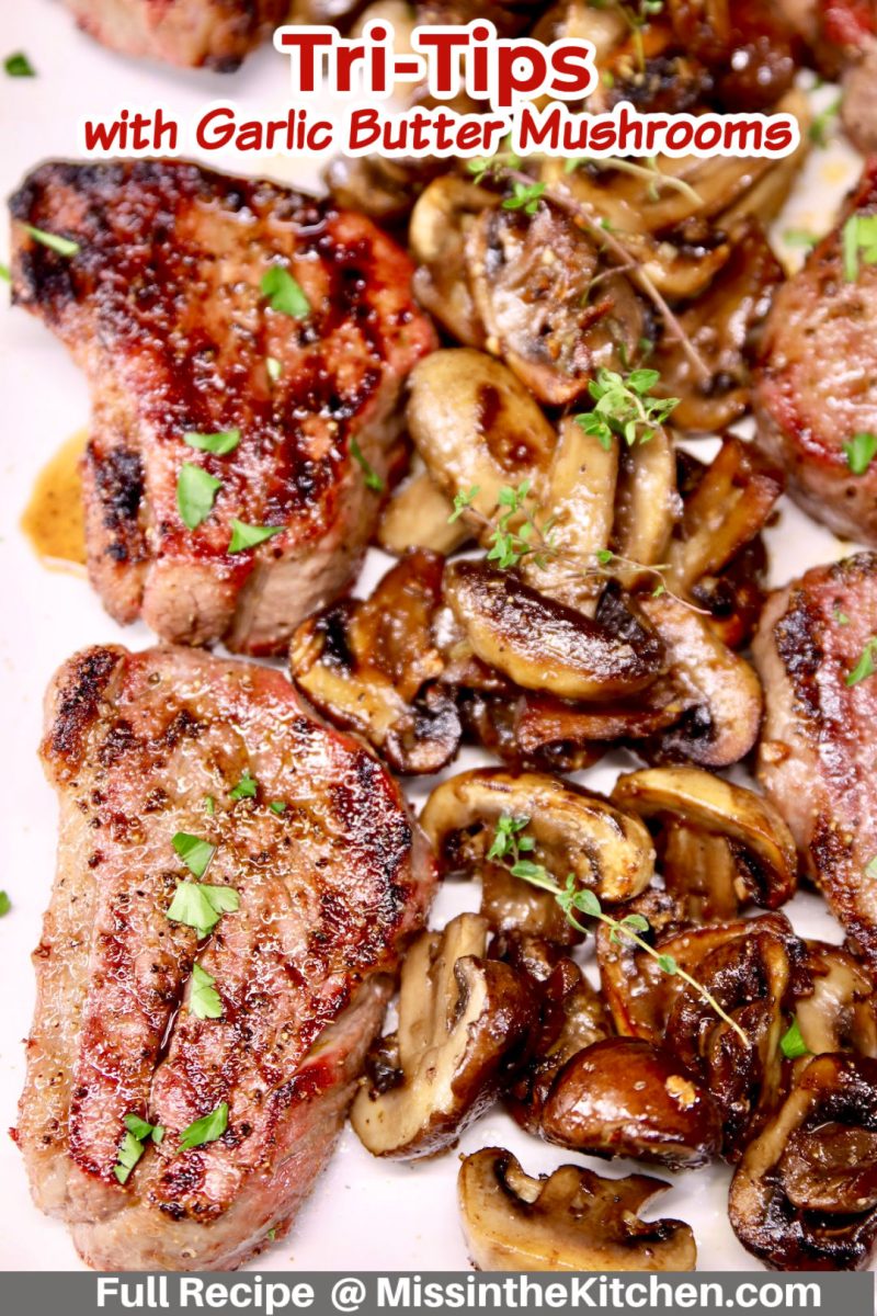 grilled tri-tips with mushrooms on a platter