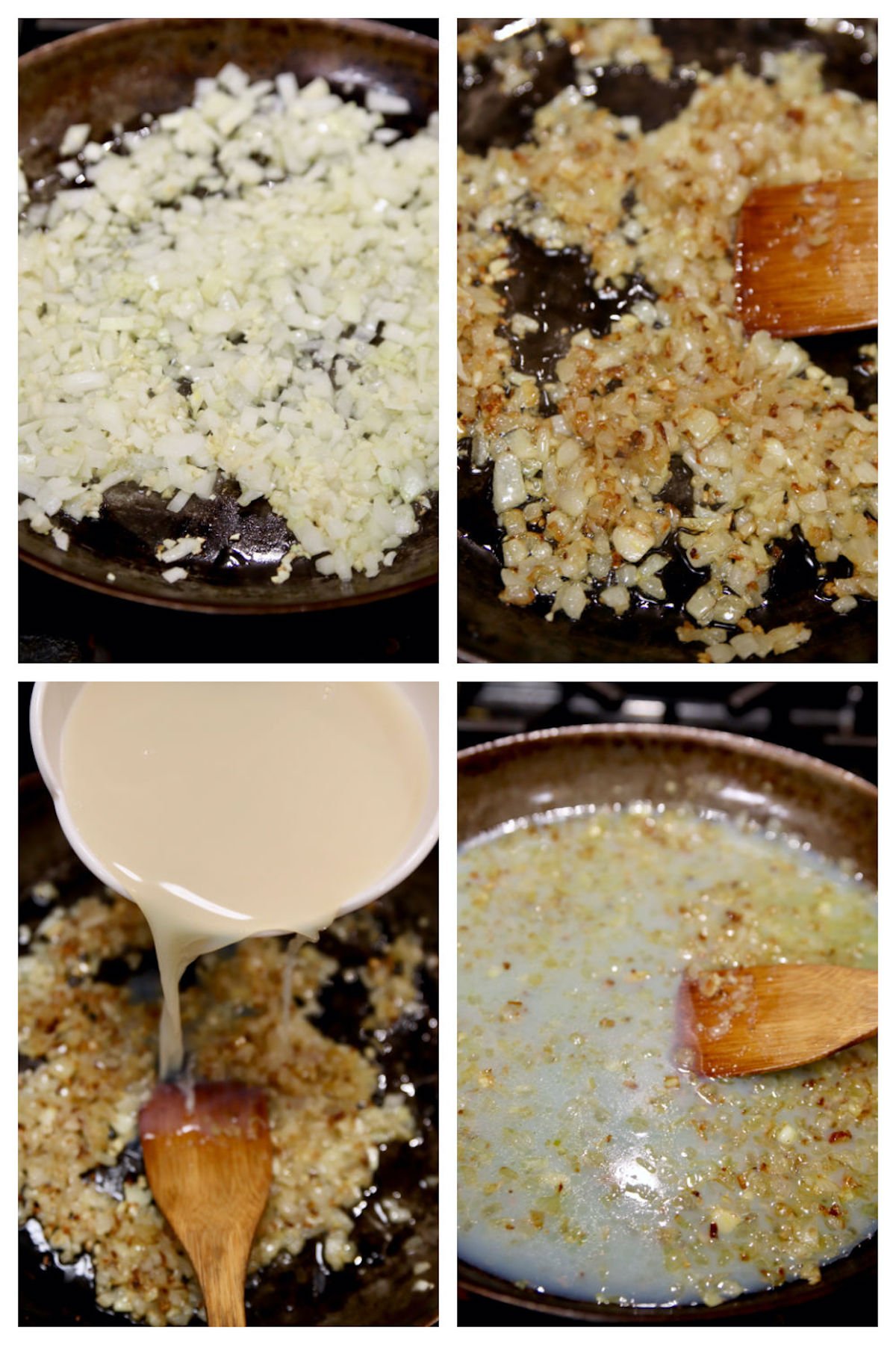 making clam sauce in a skillet collage