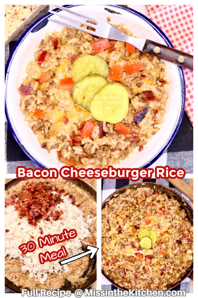 bacon cheeseburger rice collage - text overlay.