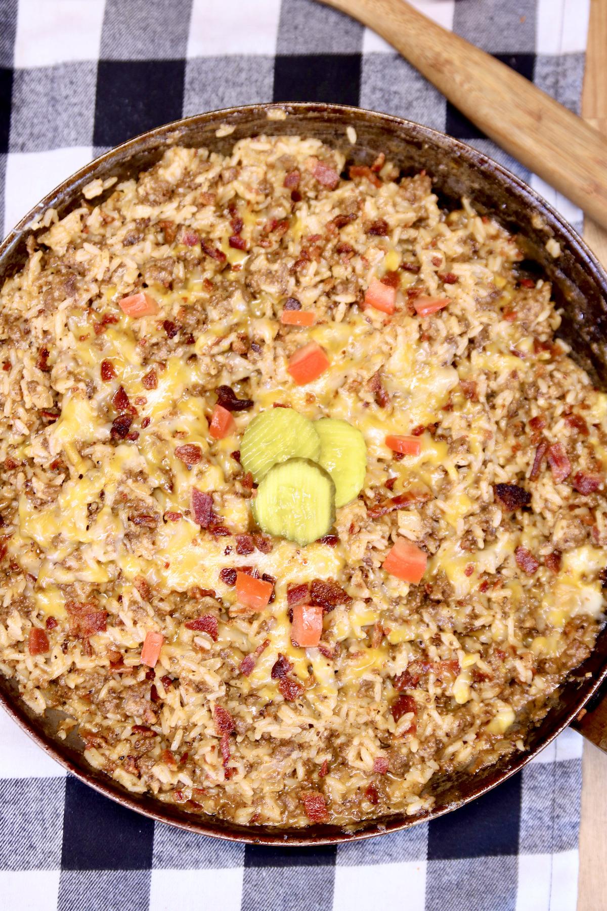 bacon cheeseburger rice in a skillet.