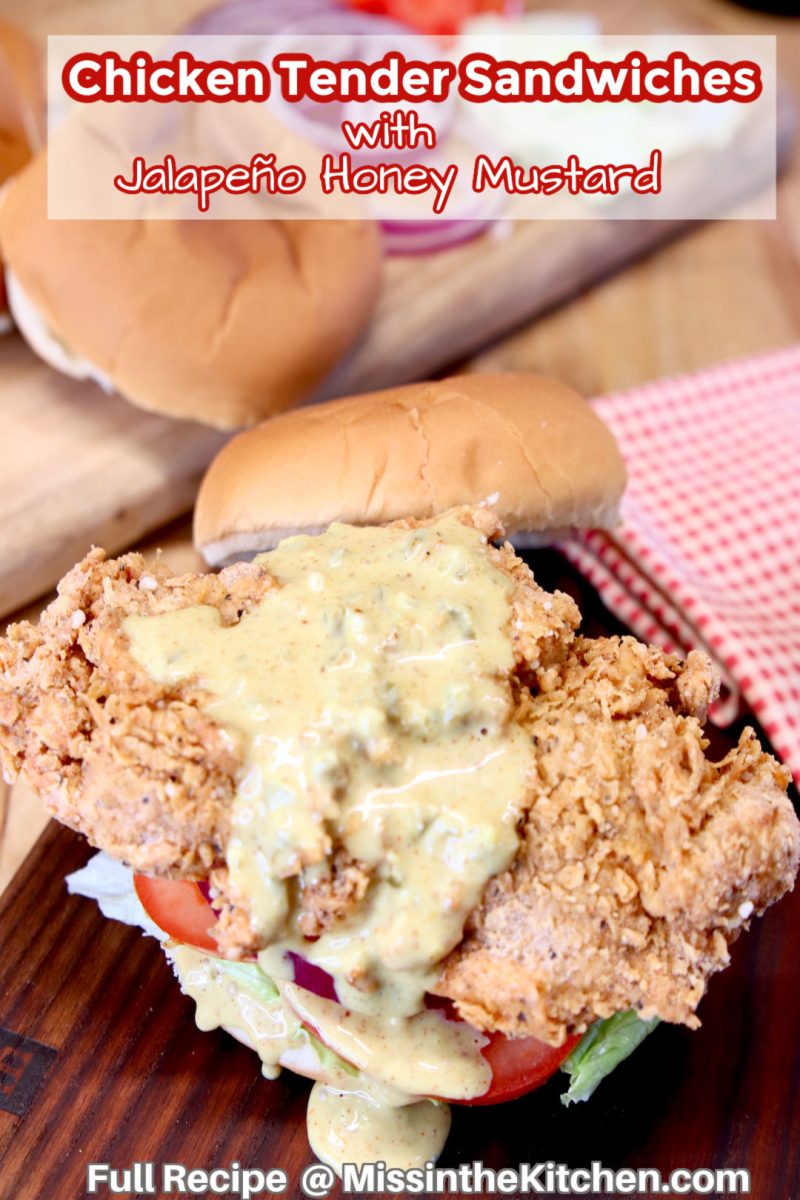 open faced chicken sandwich with mustard sauce drizzled over - text overlay
