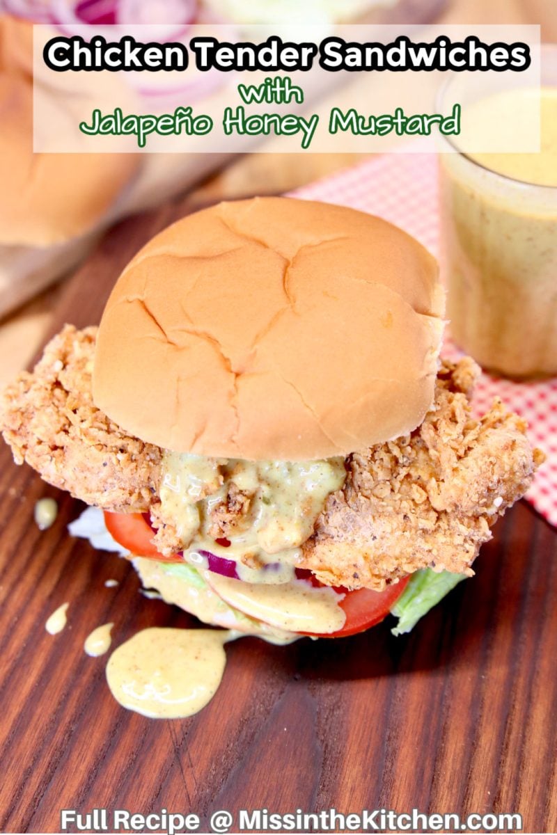 crispy chicken tender sandwich with lettuce, tomato, mustard sauce - text overlay