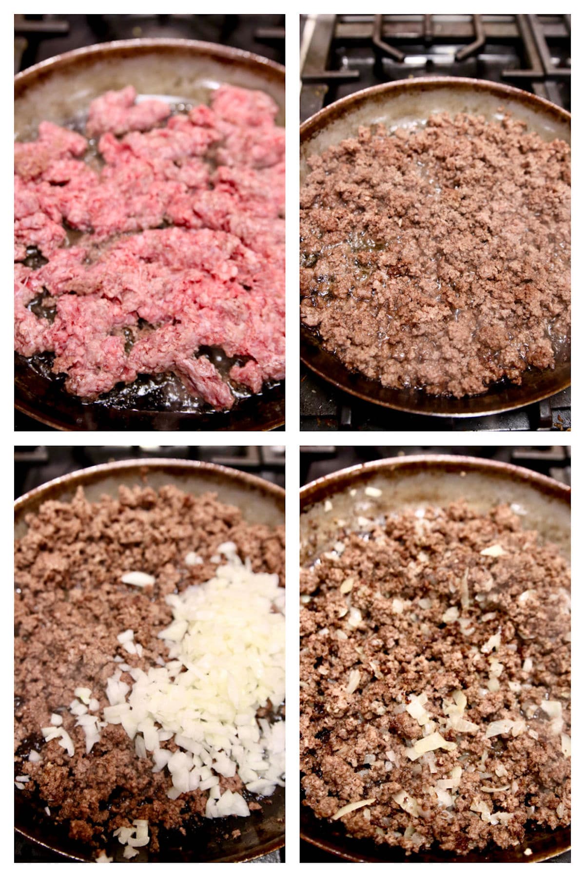 cooking ground beef and onions collage