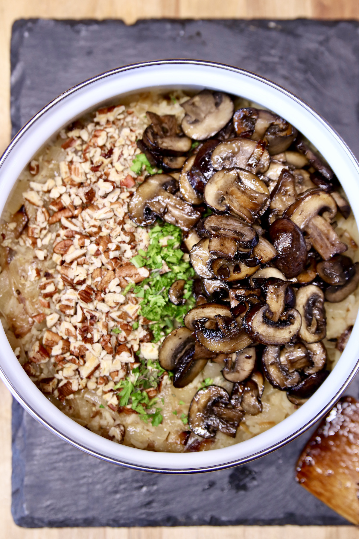 mushroom rice side dish with herbs and pecans