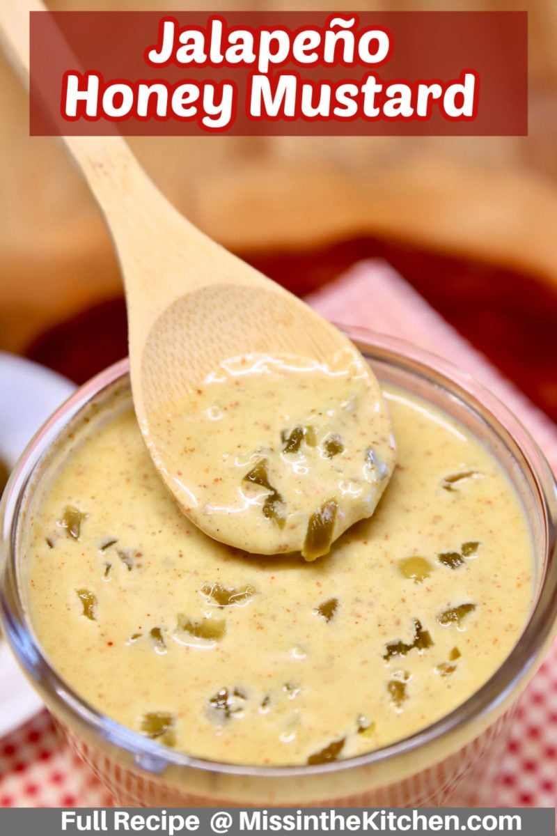 jalapeno honey mustard - spoon dipping from jar - text overlay